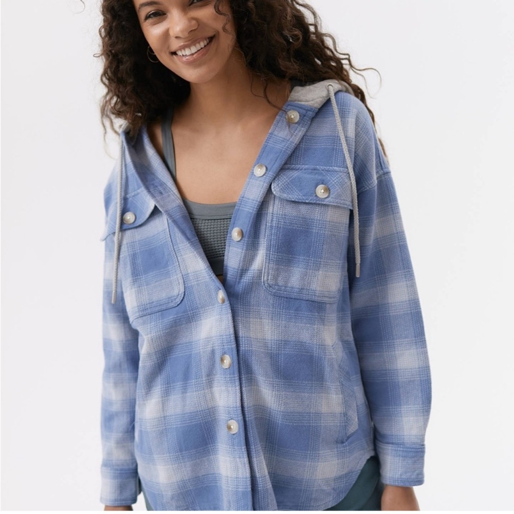 Urban Outfitters BDG Blue and Gray Oversized Plaid Flannel Hooded Jacket Small